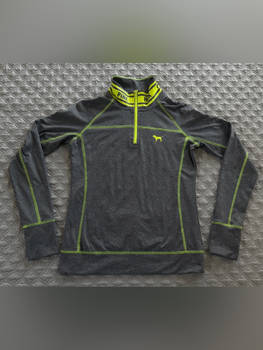 Victorias Secret PINK Ultimate 1/2 Zip Pullover Size S Heather Gray Neon Yellow